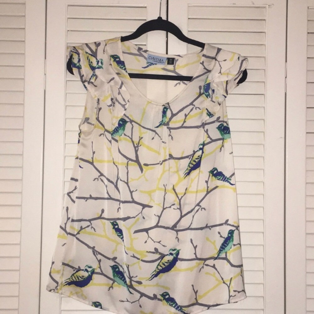 Whimsical Bird Branch Cynthia Rowley Ruffle Shirt